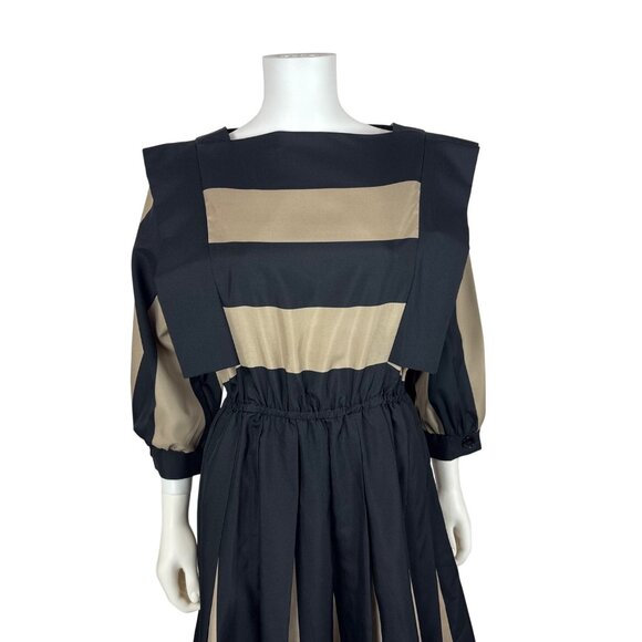 Vintage 80s Striped Dress Womens Medium Architectural Black Tan Thick Stripes - Picture 3 of 10